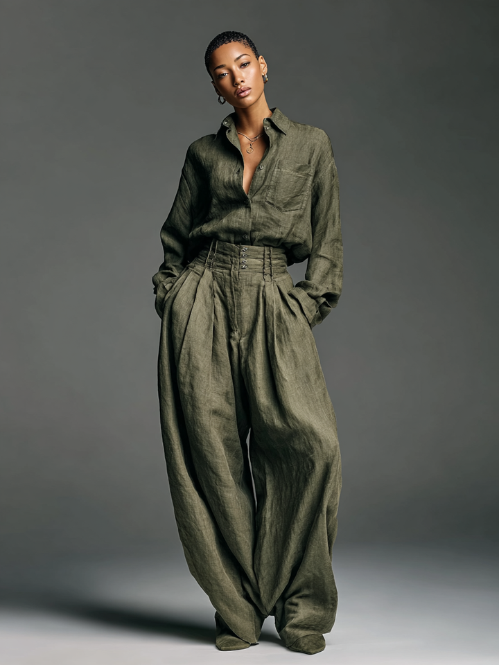 Mode Femme Mélange Coton et Lin Chemise à Manches Longues Pantalon Large Ensemble Deux Pièces