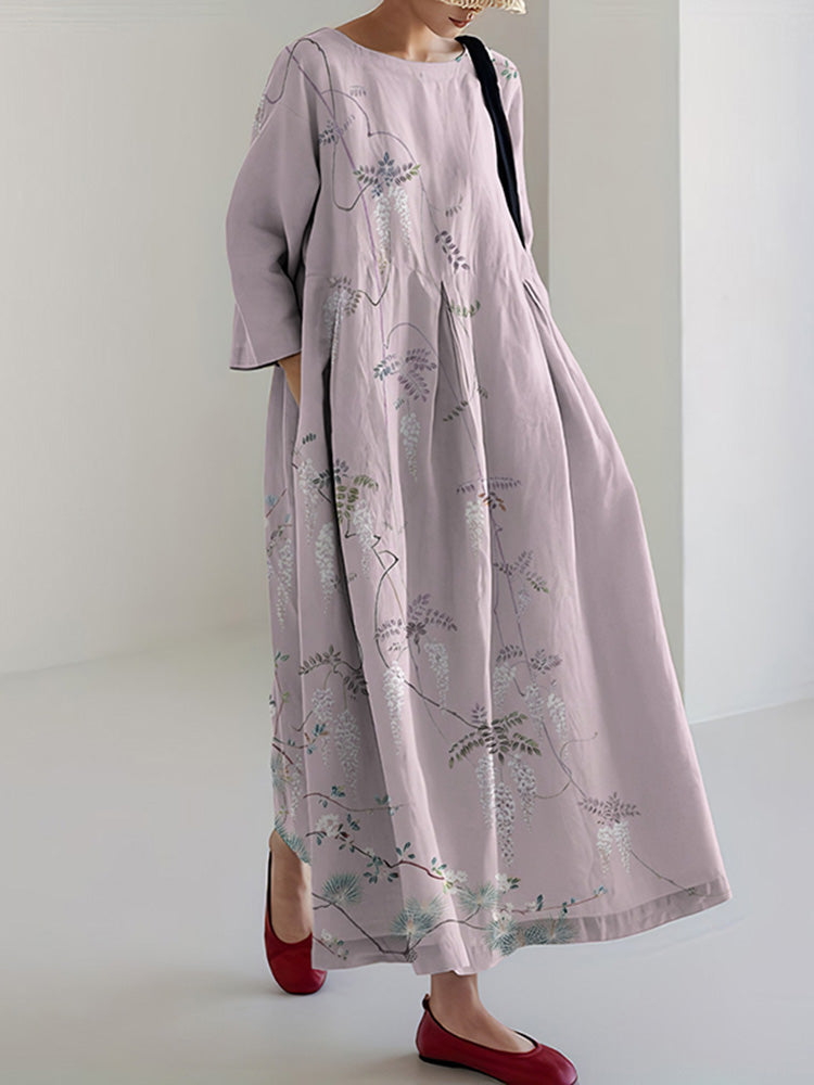 Robe Midi Ample en Imprimé Floral Japonais Vintage pour Femme