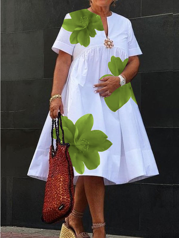 Flore | Robe Midi Ample Imprimé Fleurs Rouges Col V & Fronces