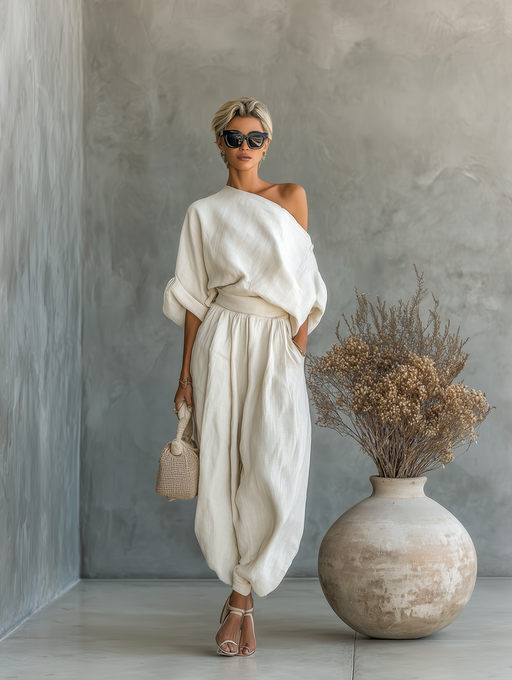 Lisa | Ensemble Top Doux à Épaules Dégagées et Pantalons Évasés