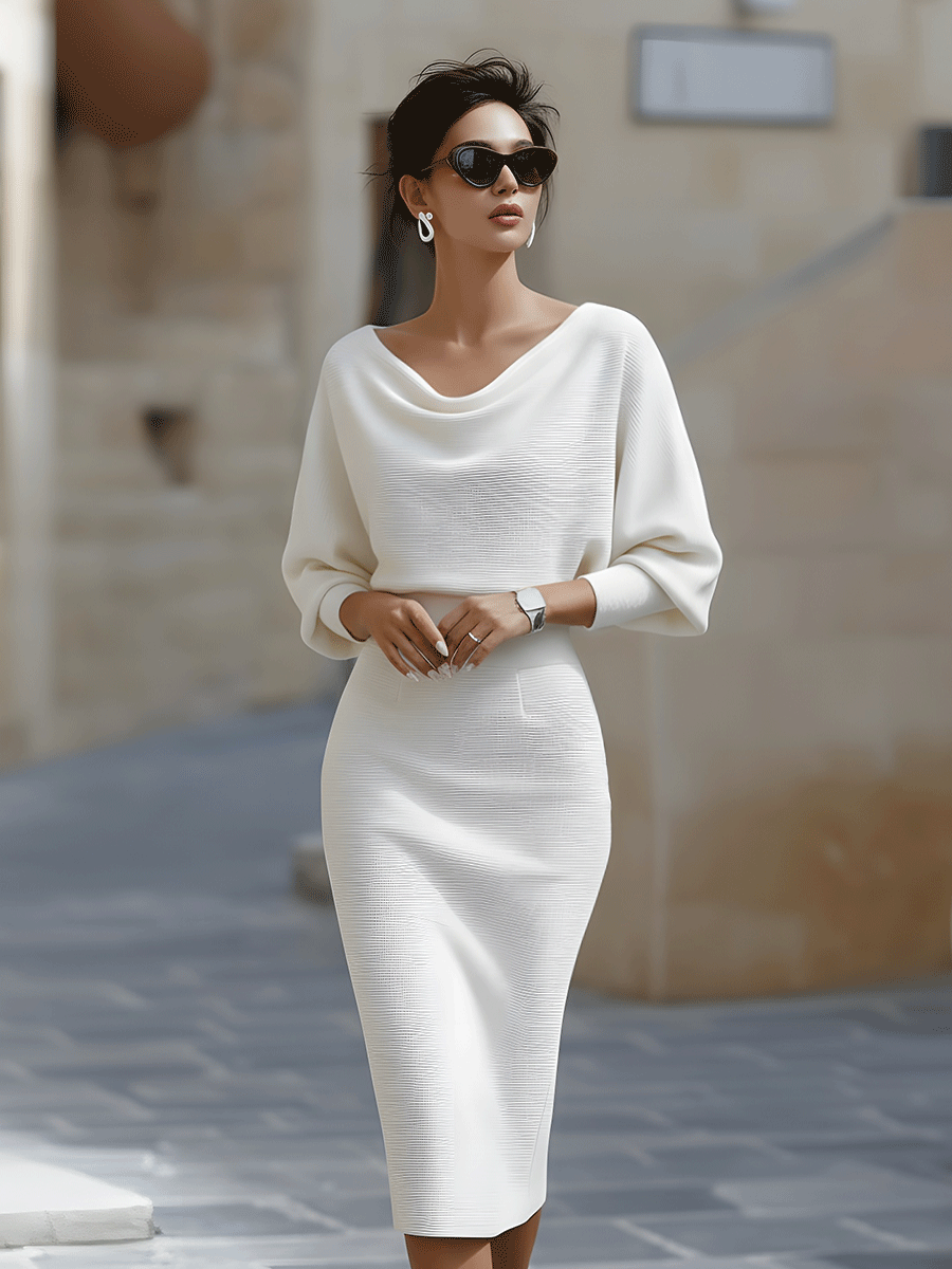 Isabelle | Robe Midi Col Bénitier & Manches Chauve-Souris