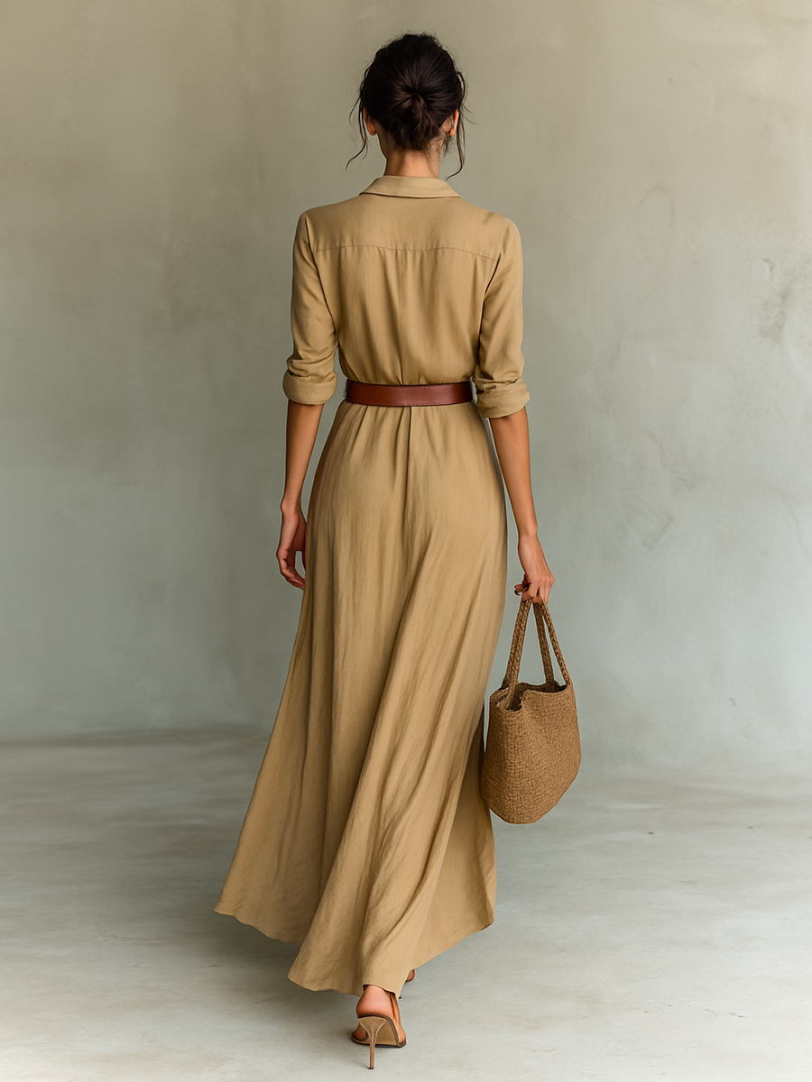 Marie | Robe Maxi à Col Revers à Manches Longues
