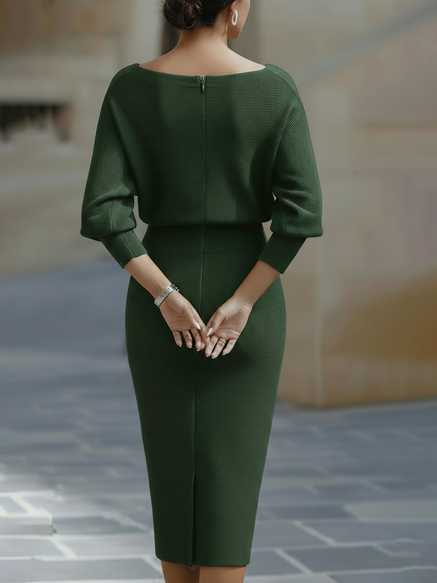 Isabelle | Robe Midi Col Bénitier & Manches Chauve-Souris