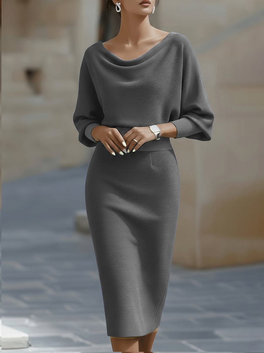 Isabelle | Robe Midi Col Bénitier & Manches Chauve-Souris