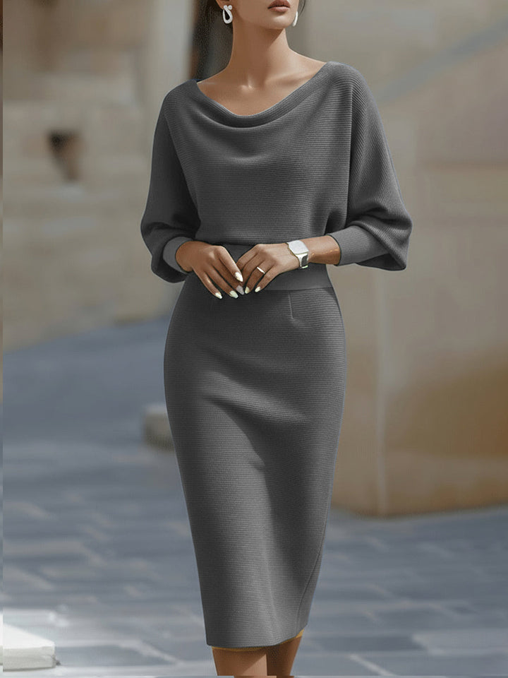 Isabelle | Robe Midi Col Bénitier & Manches Chauve-Souris
