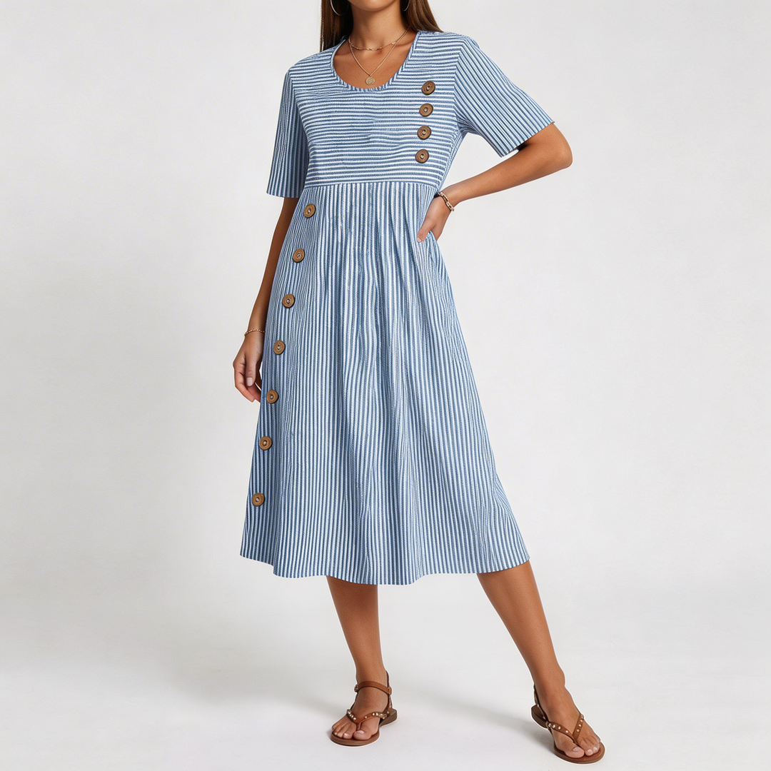 Sophia | Robe Midi Rayée à Boutons & Poches