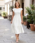 Beatrice | Robe Midi à Encolure Ronde et Manches Courtes avec Jupe Froncée