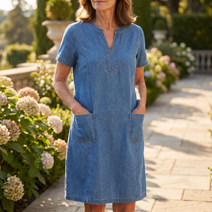 Barbara | Robe Denim Col V & Grandes Poches
