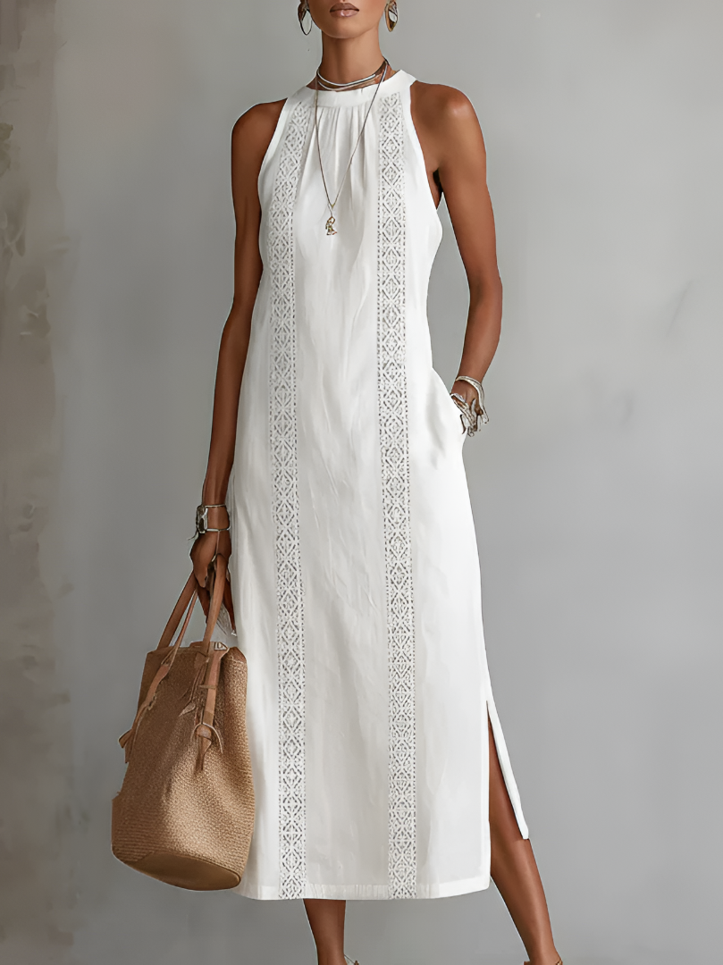 Jimena | Robe midi relaxée à col mandarin brodé