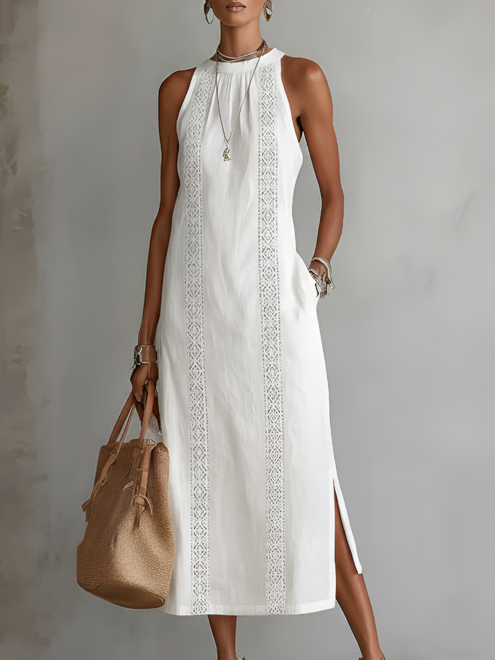 Jimena | Robe midi relaxée à col mandarin brodé
