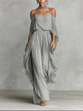 Isabela | Ensemble fluide gris avec top à bretelles spaghetti et pantalon léger