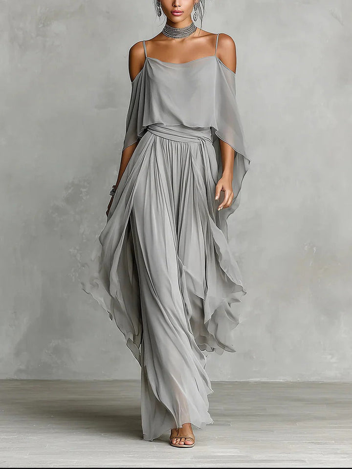 Isabela | Ensemble fluide gris avec top à bretelles spaghetti et pantalon léger
