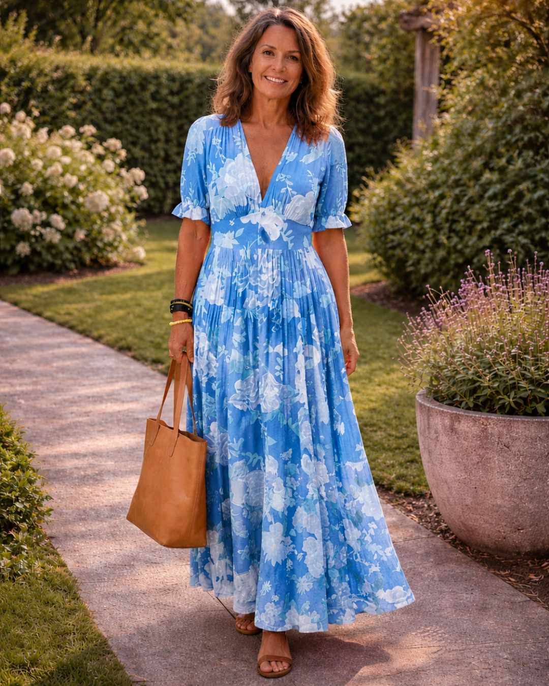 Ione | Robe midi florale à manches courtes et décolleté en V