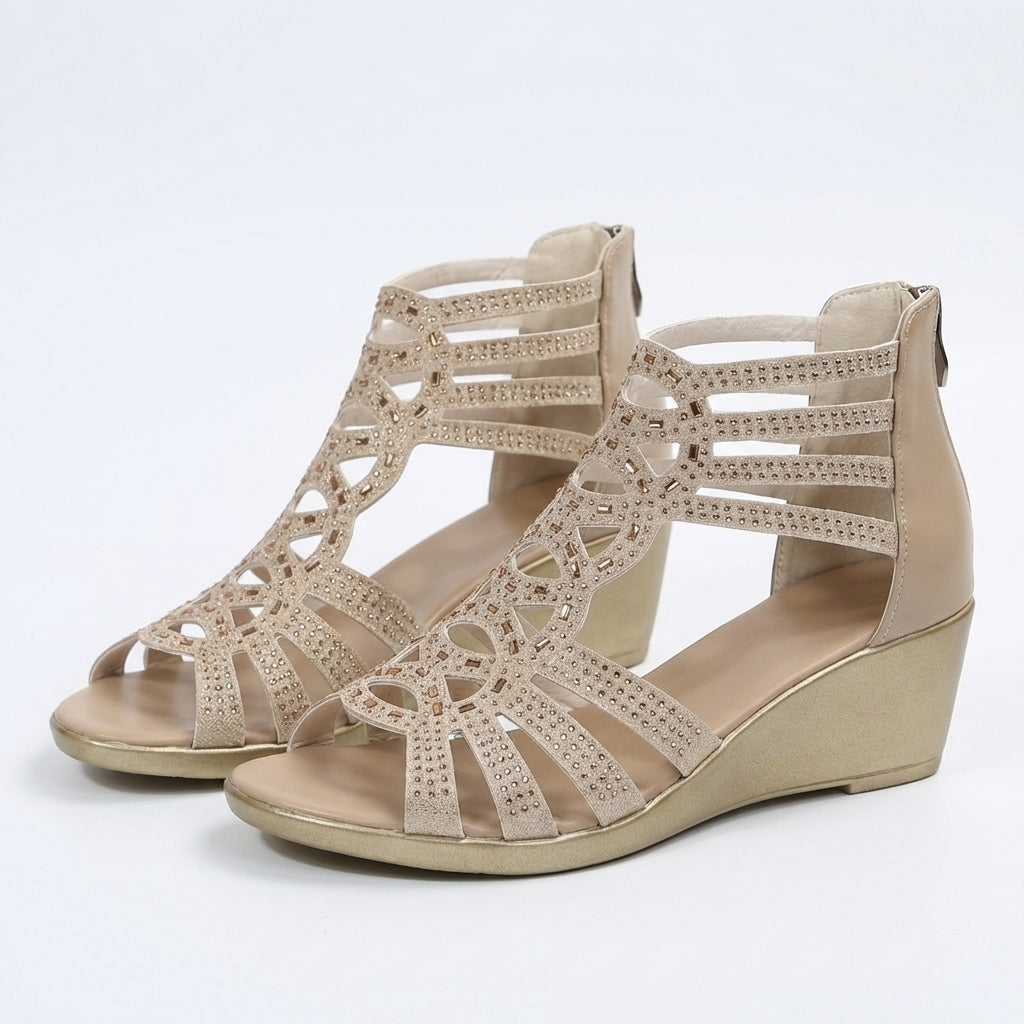 Jeanette | Sandales Compensées Style Gladiateur Strass & Zip Dos