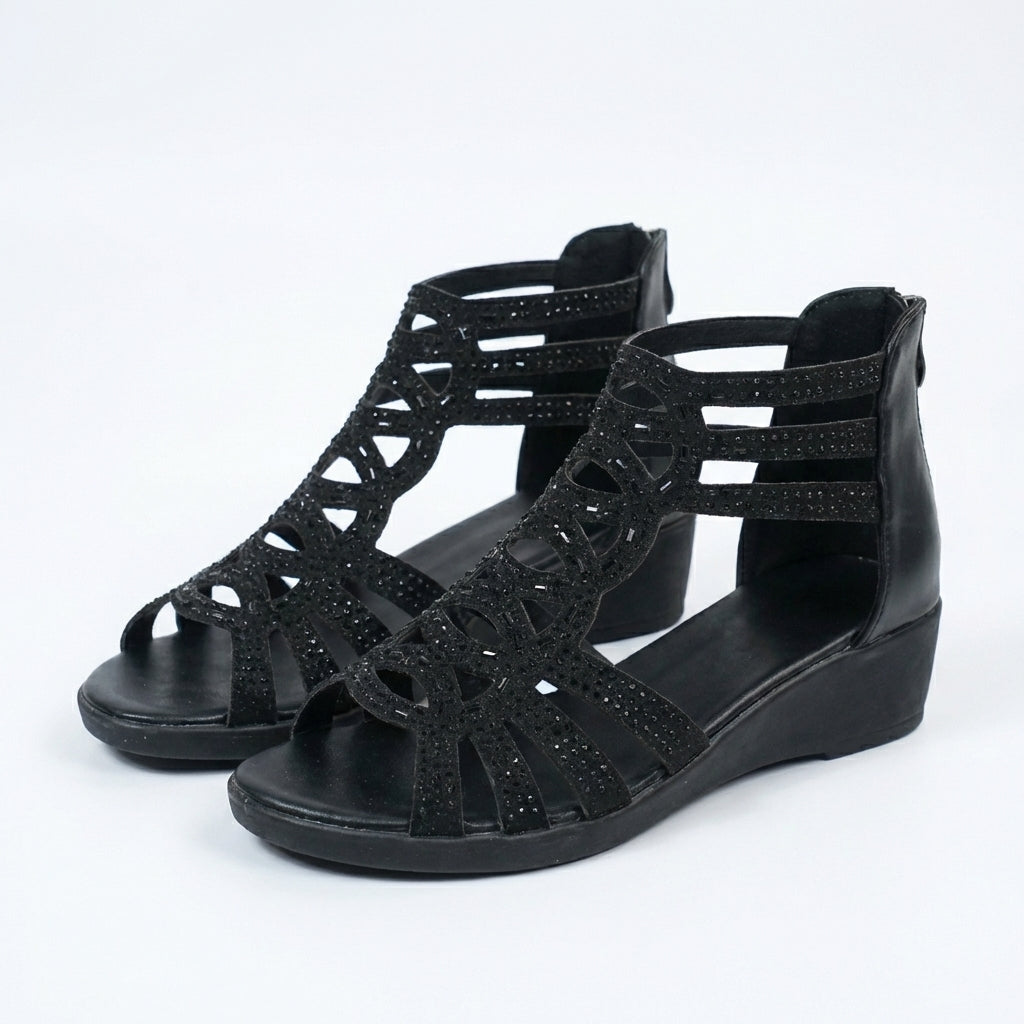 Jeanette | Sandales Compensées Style Gladiateur Strass & Zip Dos