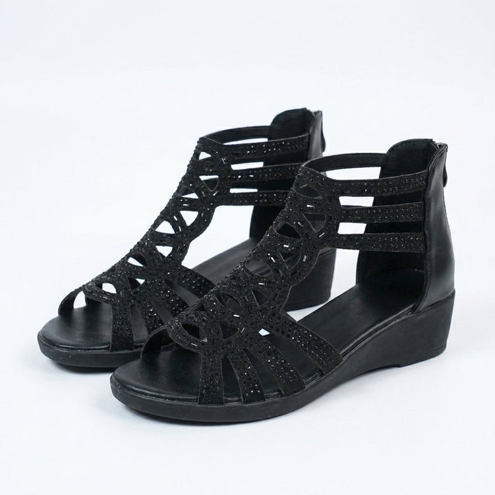 Jeanette | Sandales Compensées Style Gladiateur Strass & Zip Dos