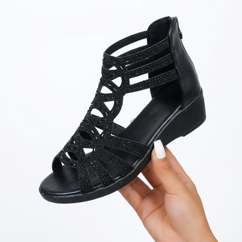 Jeanette | Sandales Compensées Style Gladiateur Strass & Zip Dos