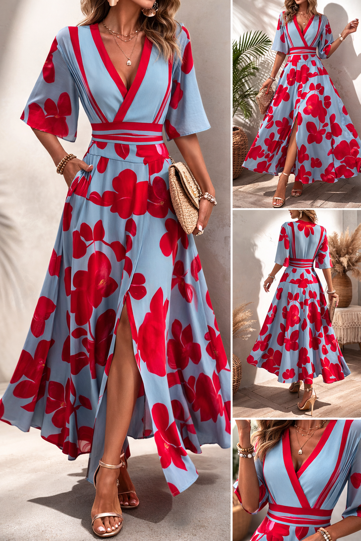 Noelle | Robe de Printemps Fleurie avec Décolleté en V