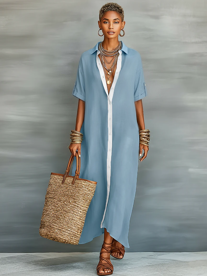 Robe maxi chemise à manches courtes minimaliste pour femmes