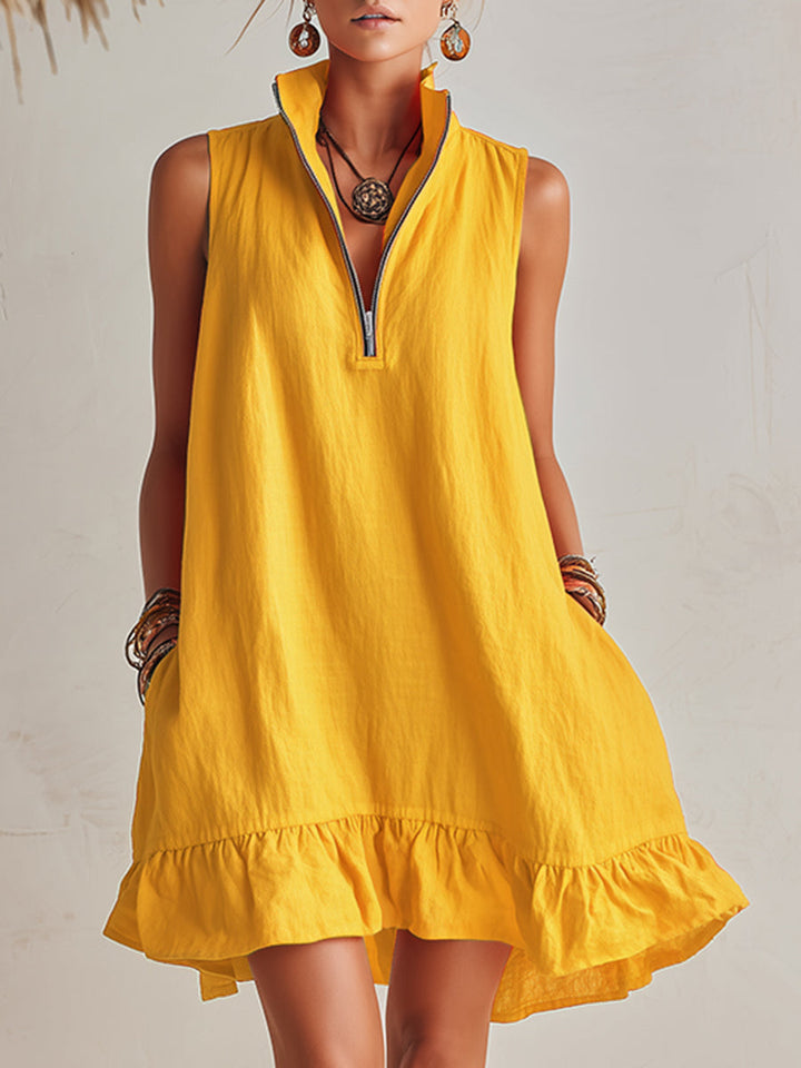 Manon | Robe Mini Lin Col Zippé & Ourlet Volant