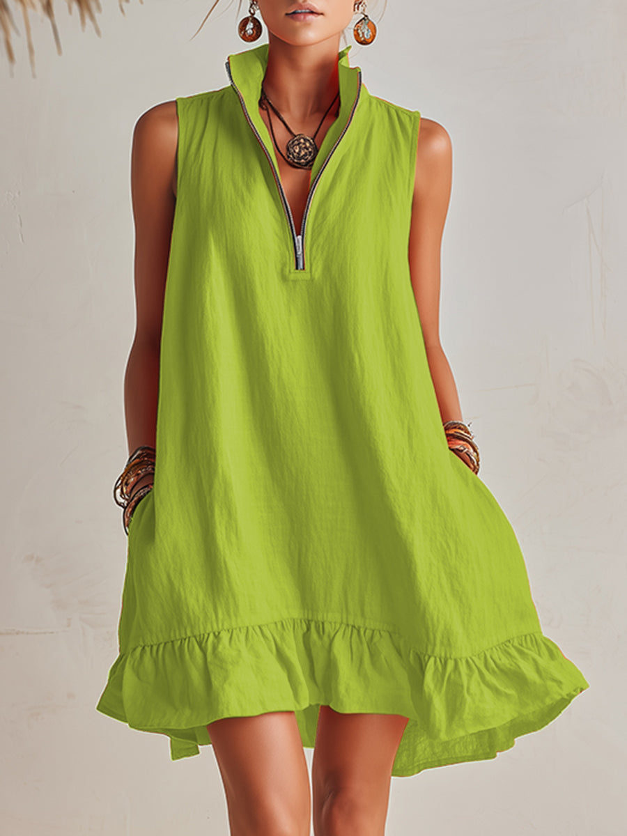 Manon | Robe Mini Lin Col Zippé & Ourlet Volant