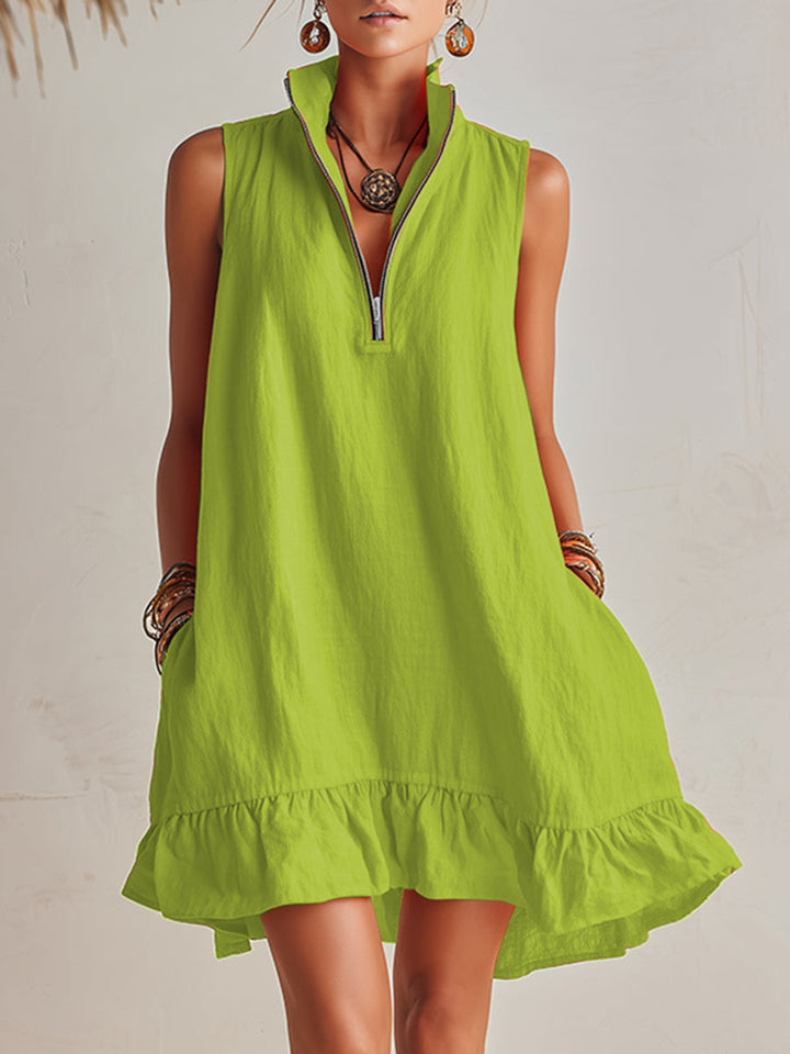 Manon | Robe Mini Lin Col Zippé & Ourlet Volant