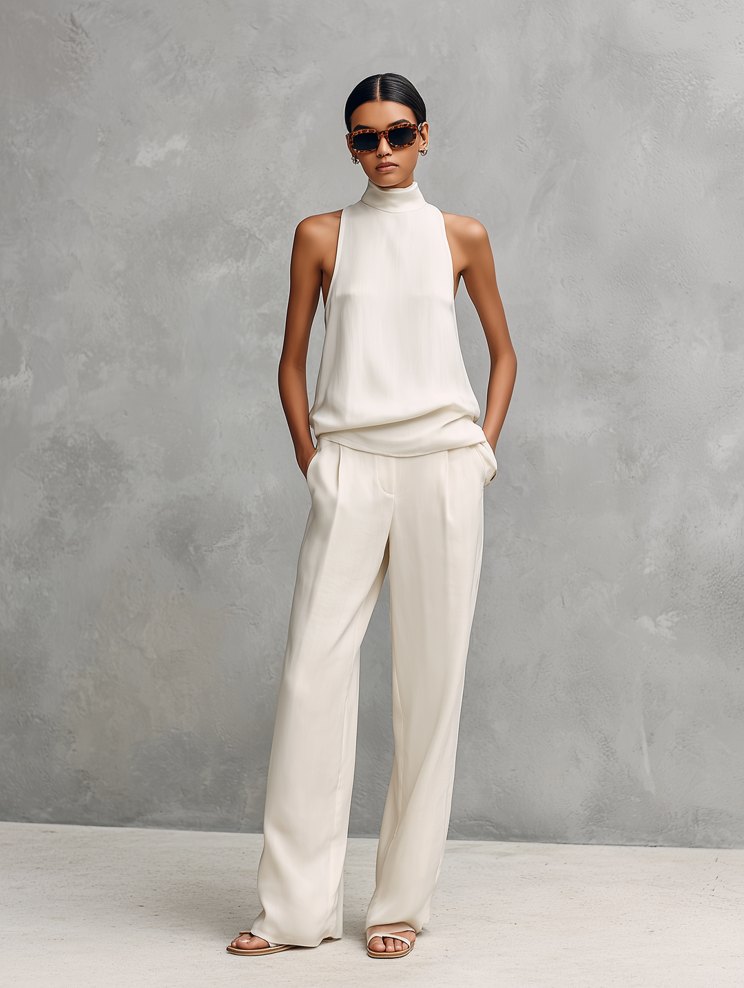 Ensemble Haut Sans Manches et Pantalon Élegant en Coton et Lin Noir pour Femmes