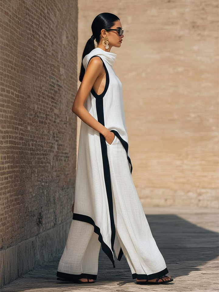 Athéna | Ensemble Lin Tunique Asymétrique Liserés Contrastants & Pantalon Large