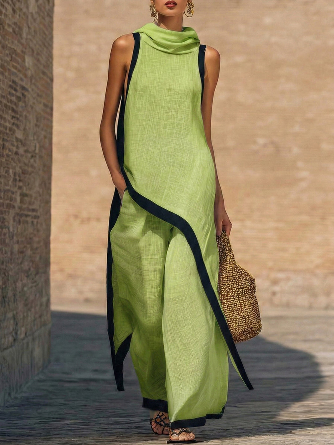 Athéna | Ensemble Lin Tunique Asymétrique Liserés Contrastants & Pantalon Large