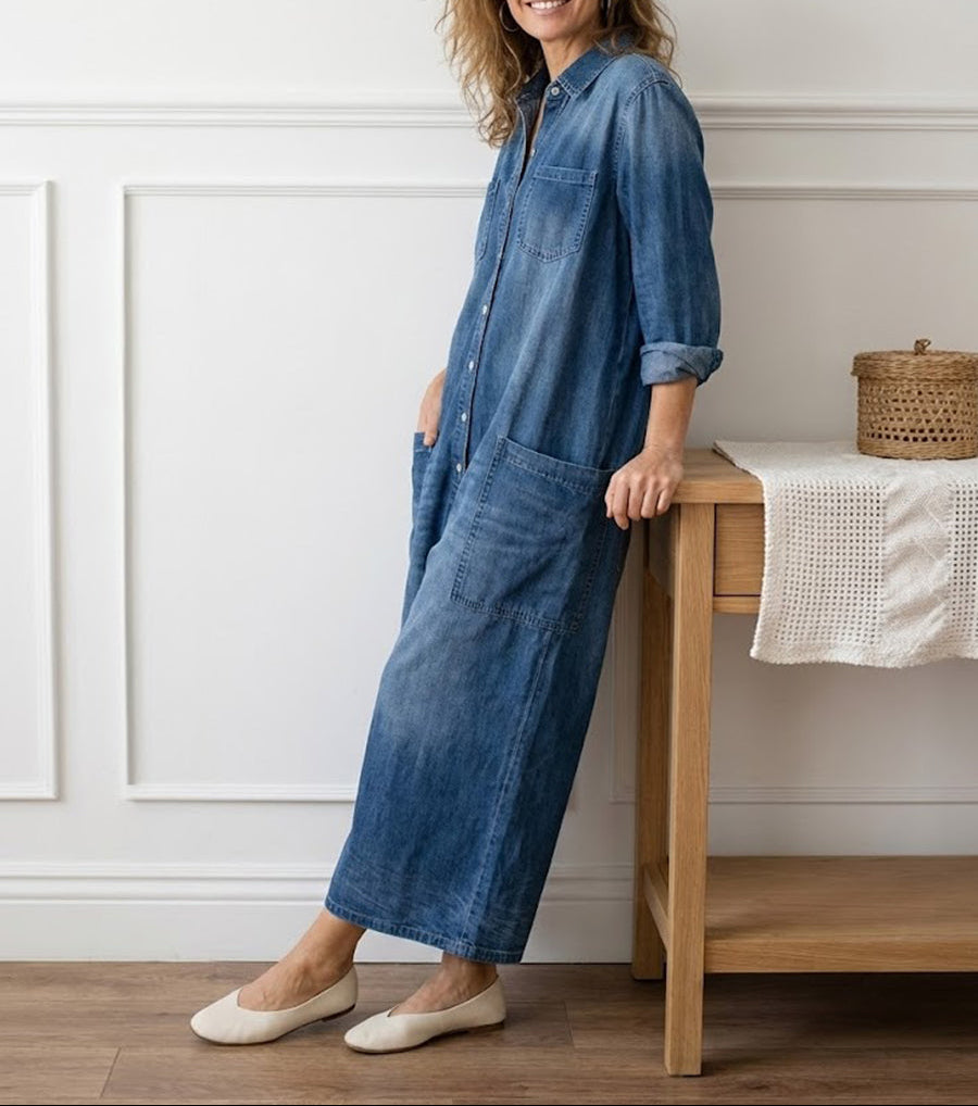 Diana | Salopette en denim doux lavé vintage avec fermeture à boutons