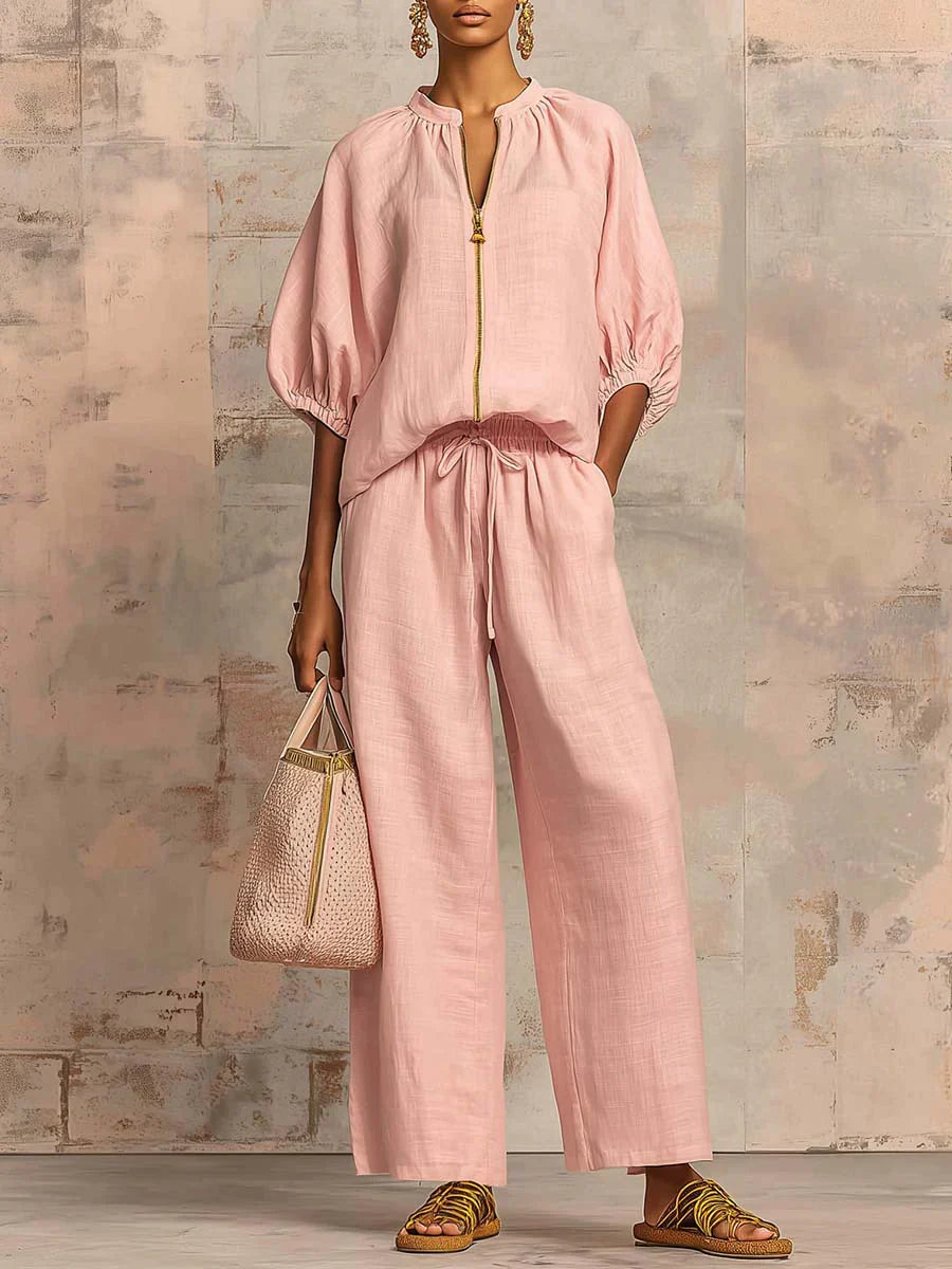 Alba | Chemise Décontractée Boutonnée et Pantalon Large Assorti