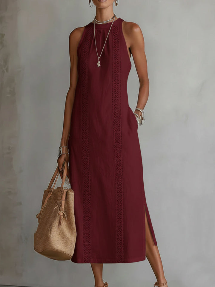 Jimena | Robe midi relaxée à col mandarin brodé