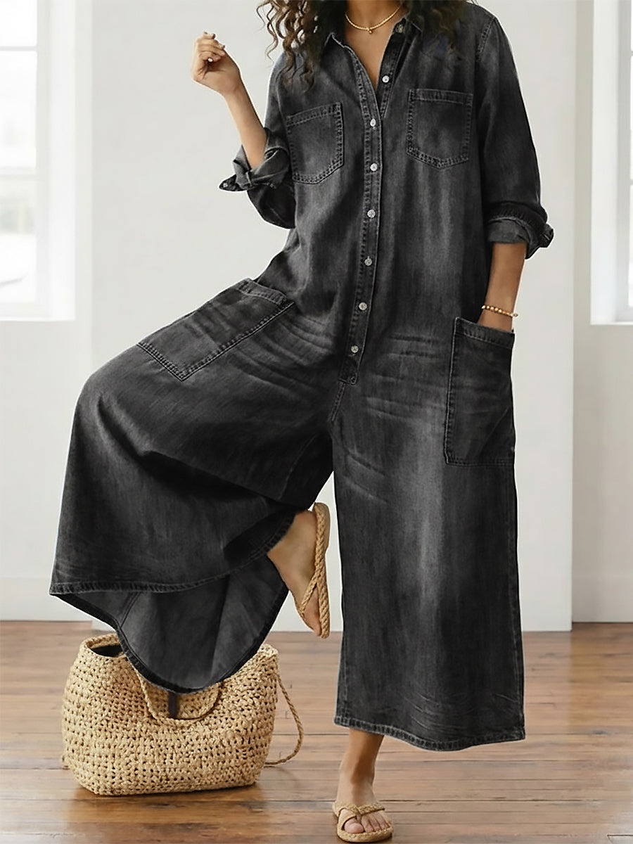 Diana | Salopette en denim doux lavé vintage avec fermeture à boutons