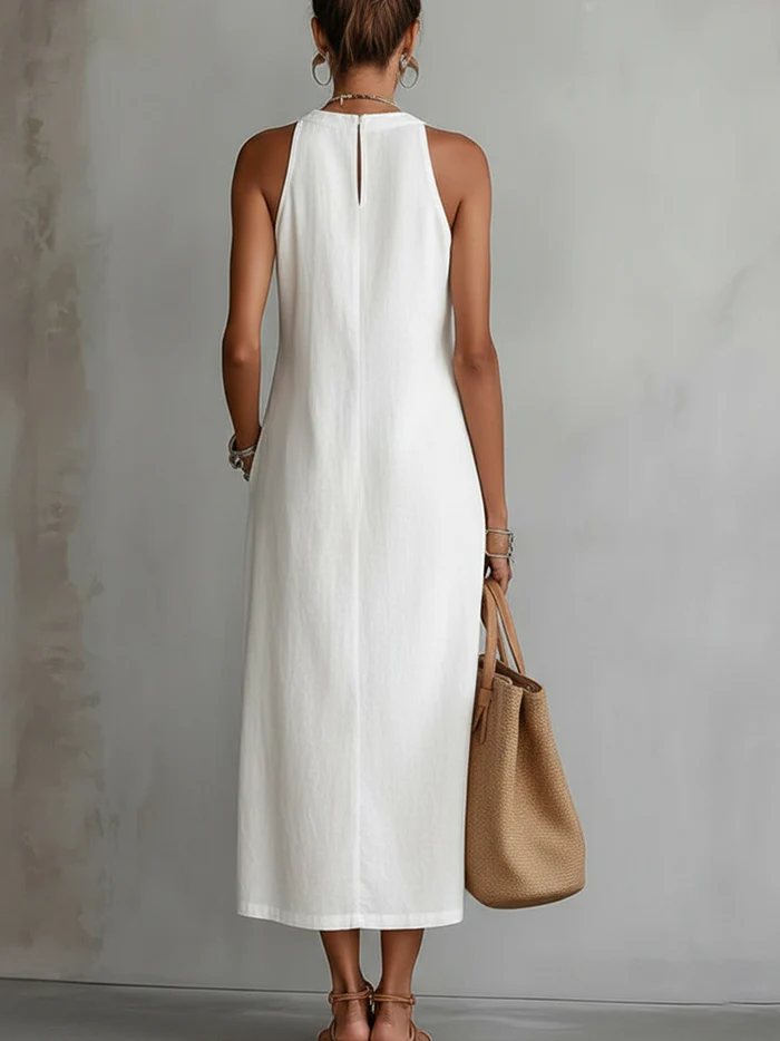 Jimena | Robe Midi en Lin à Col Mao