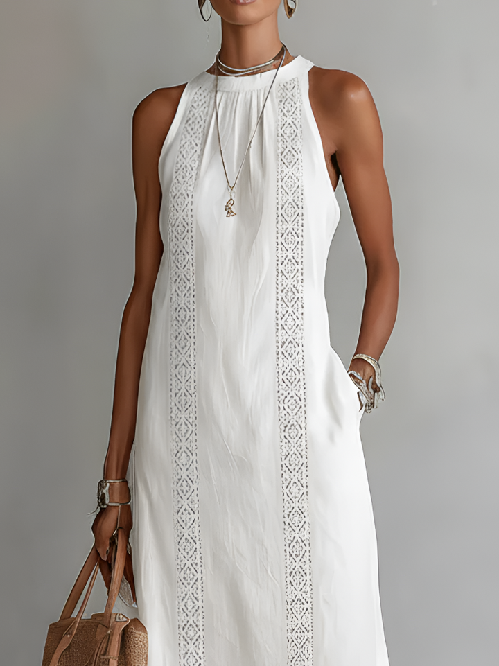 Jimena | Robe midi relaxée à col mandarin brodé