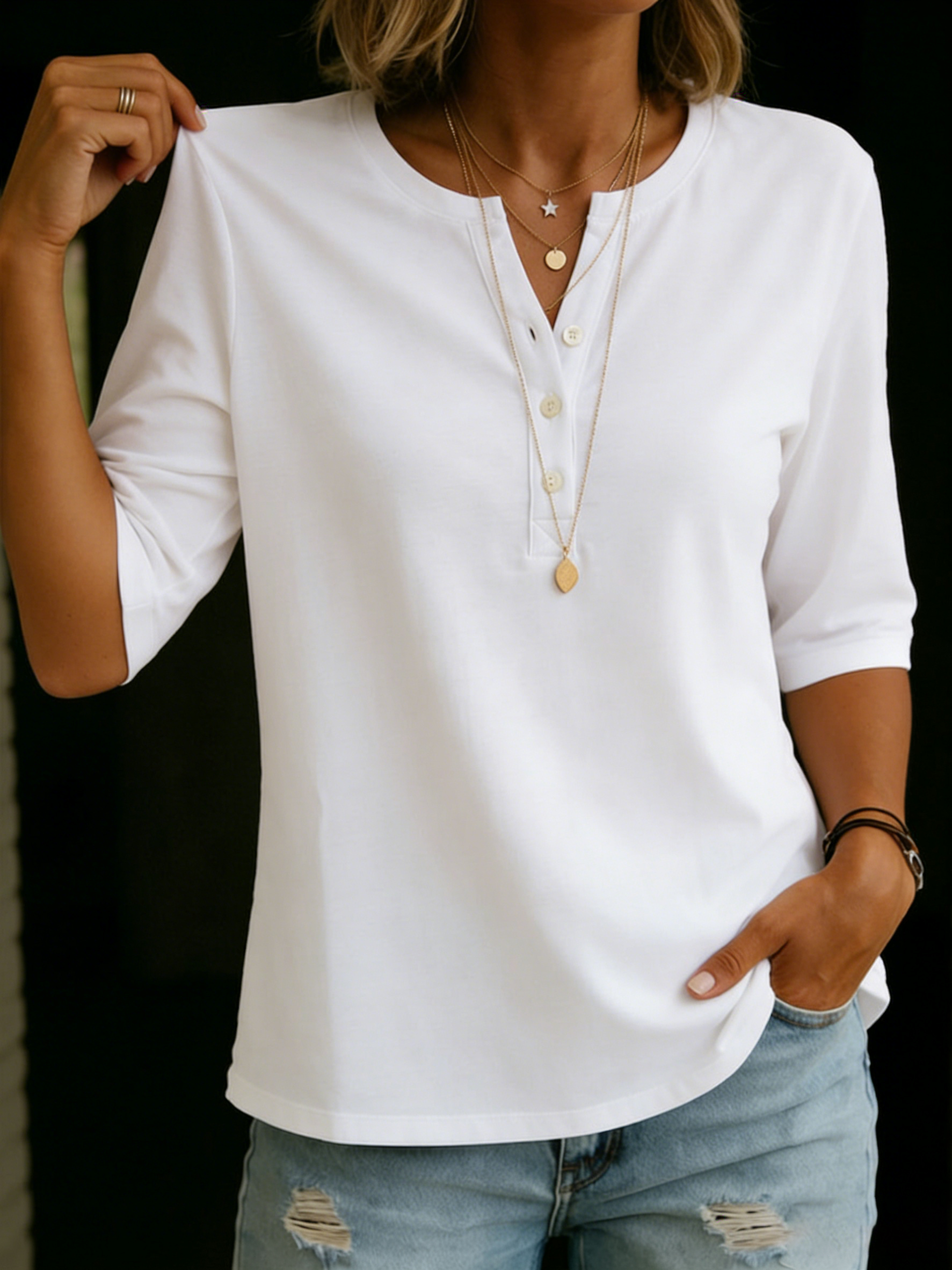 Pauline | Top Henley Col Boutonné Manches 3/4 & Coupe Décontractée