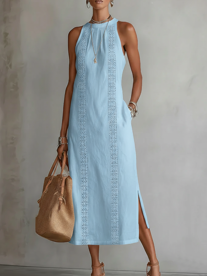 Jimena | Robe midi relaxée à col mandarin brodé