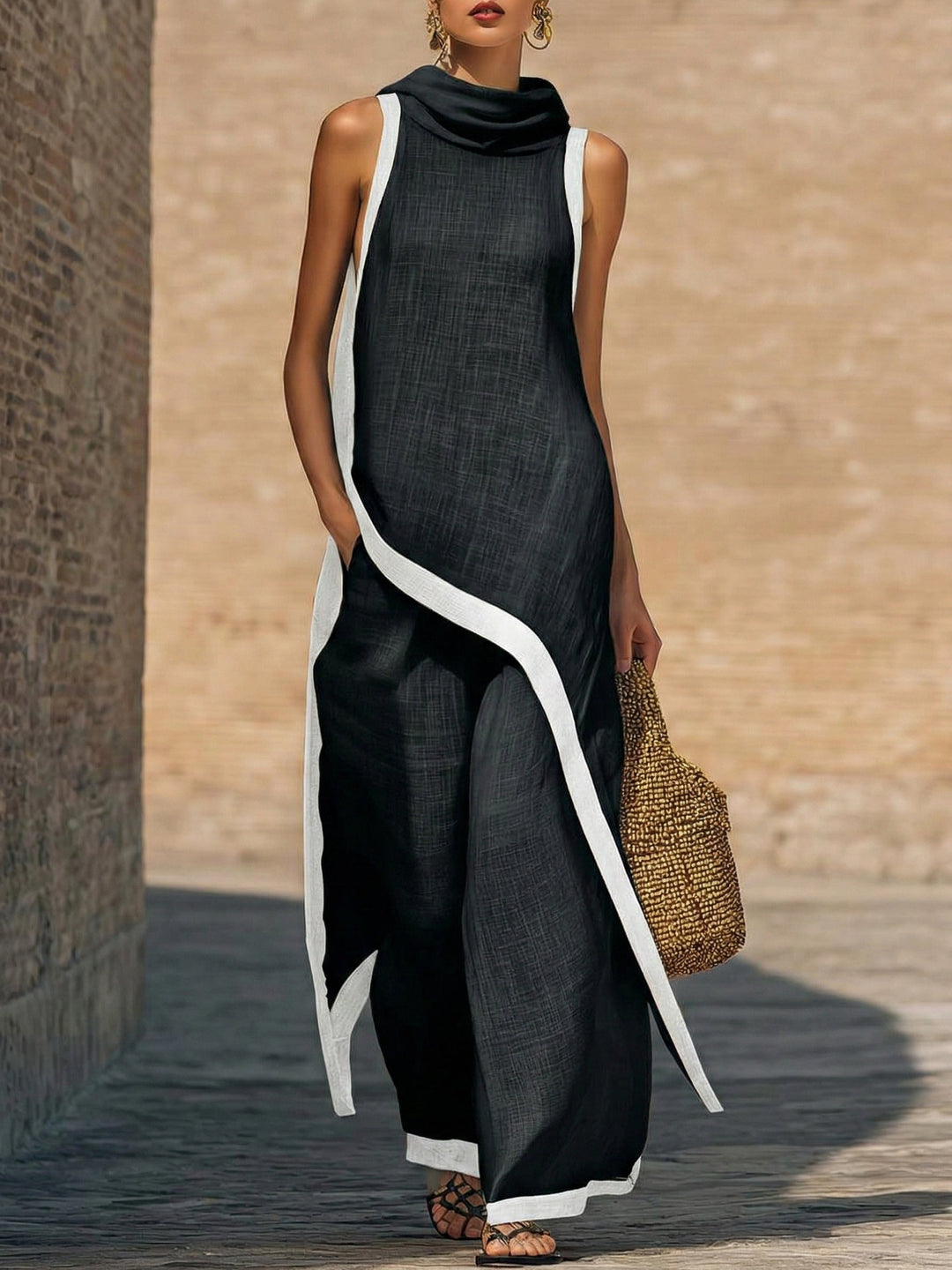Athéna | Ensemble Lin Tunique Asymétrique Liserés Contrastants & Pantalon Large