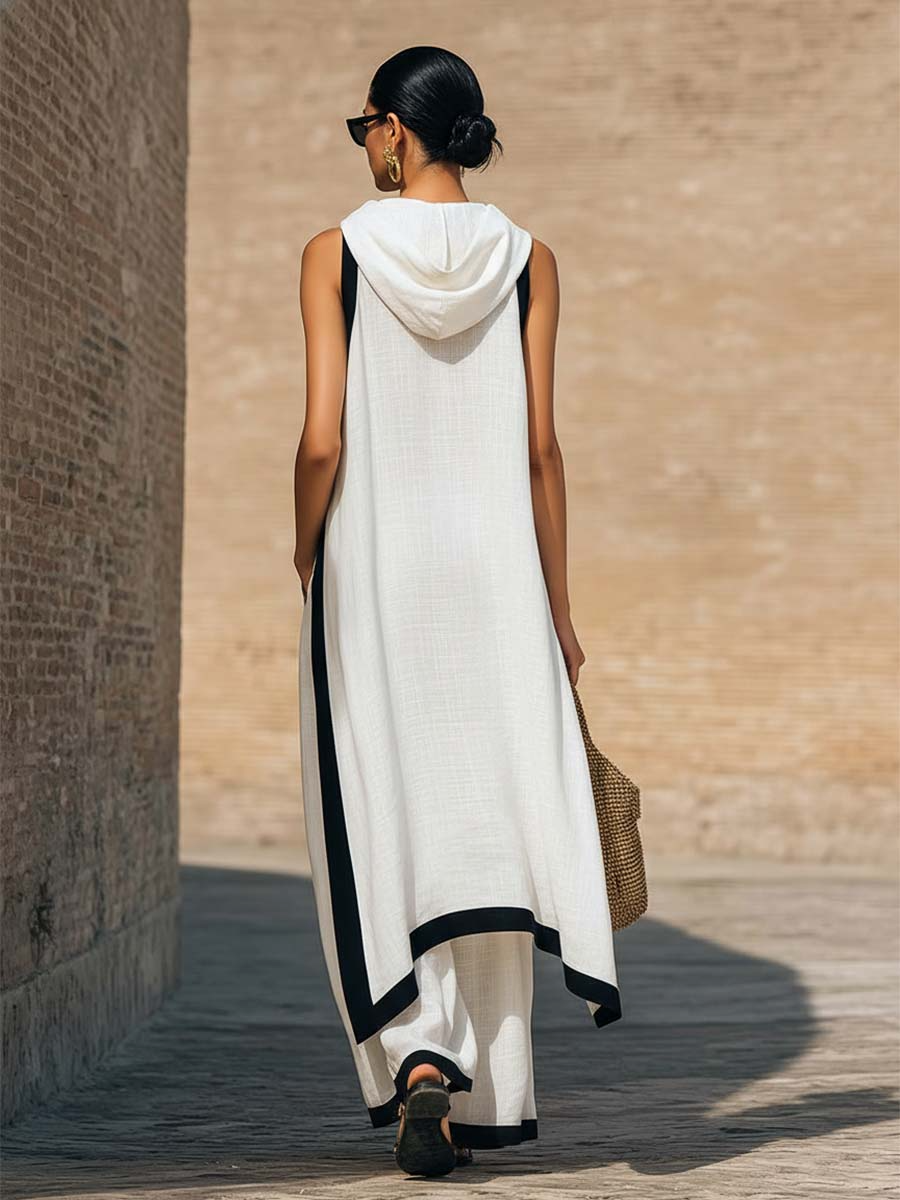 Athéna | Ensemble Lin Tunique Asymétrique Liserés Contrastants & Pantalon Large