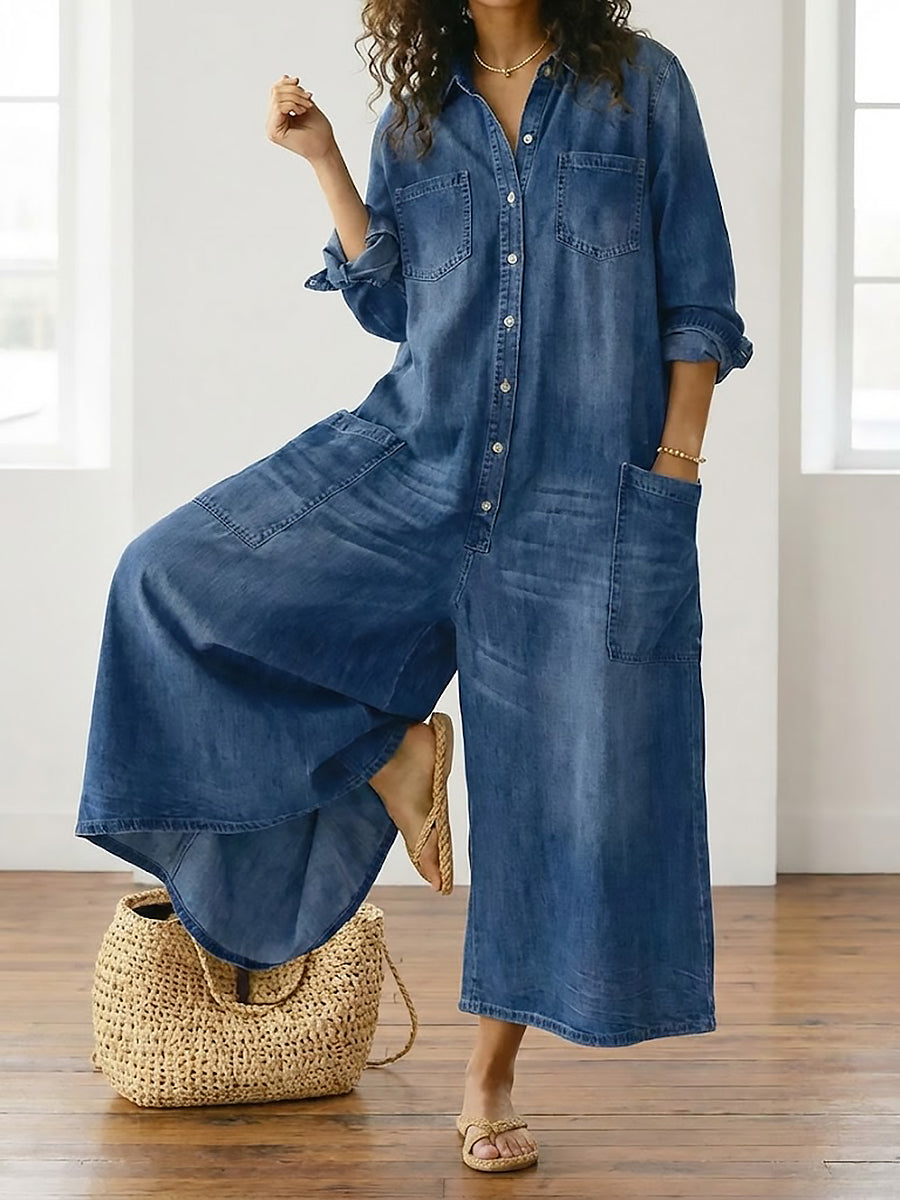 Diana | Salopette en denim doux lavé vintage avec fermeture à boutons