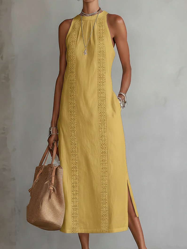Jimena | Robe midi relaxée à col mandarin brodé