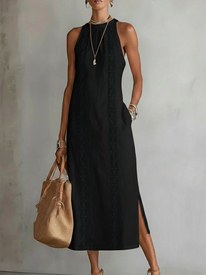 Jimena | Robe midi relaxée à col mandarin brodé