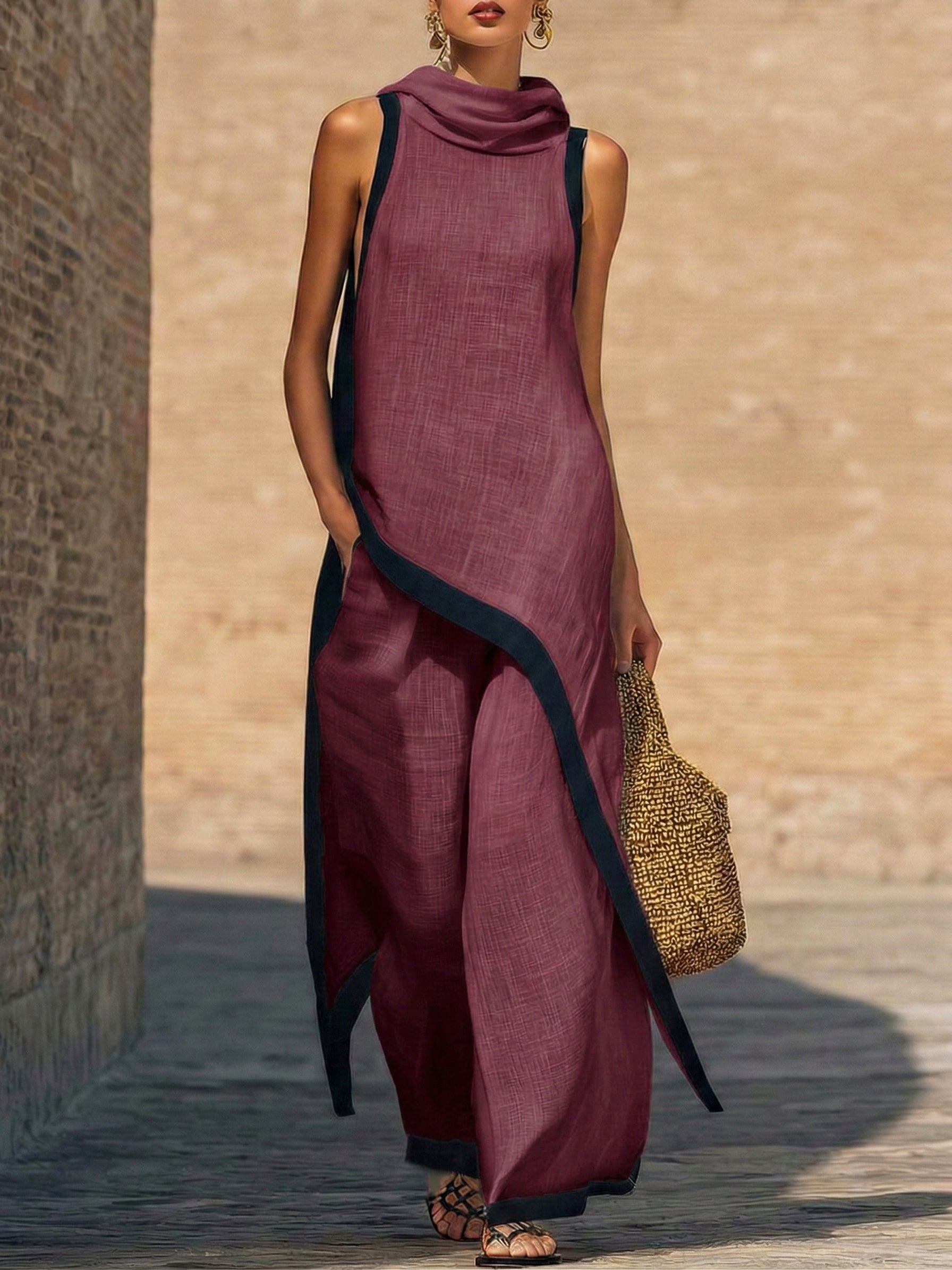 Athéna | Ensemble Lin Tunique Asymétrique Liserés Contrastants & Pantalon Large