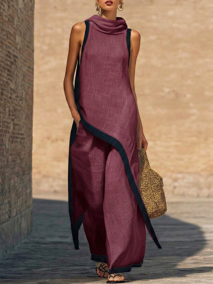 Athéna | Ensemble Lin Tunique Asymétrique Liserés Contrastants & Pantalon Large