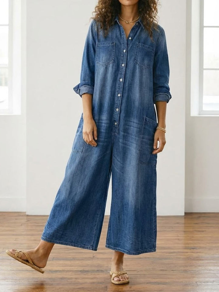 Diana | Salopette en denim doux lavé vintage avec fermeture à boutons