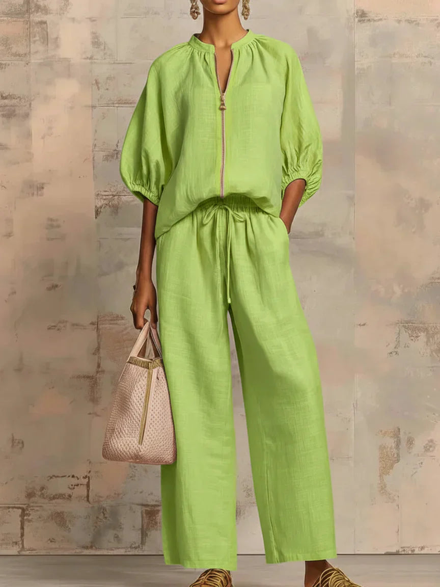 Alba | Chemise Décontractée Boutonnée et Pantalon Large Assorti