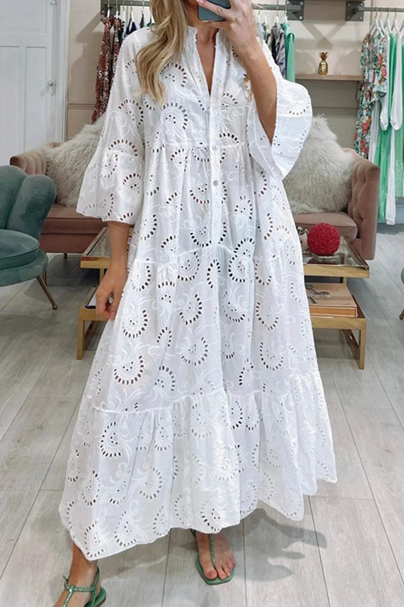 Isabelle | Robe Longue Broderie Anglaise & Manches 3/4