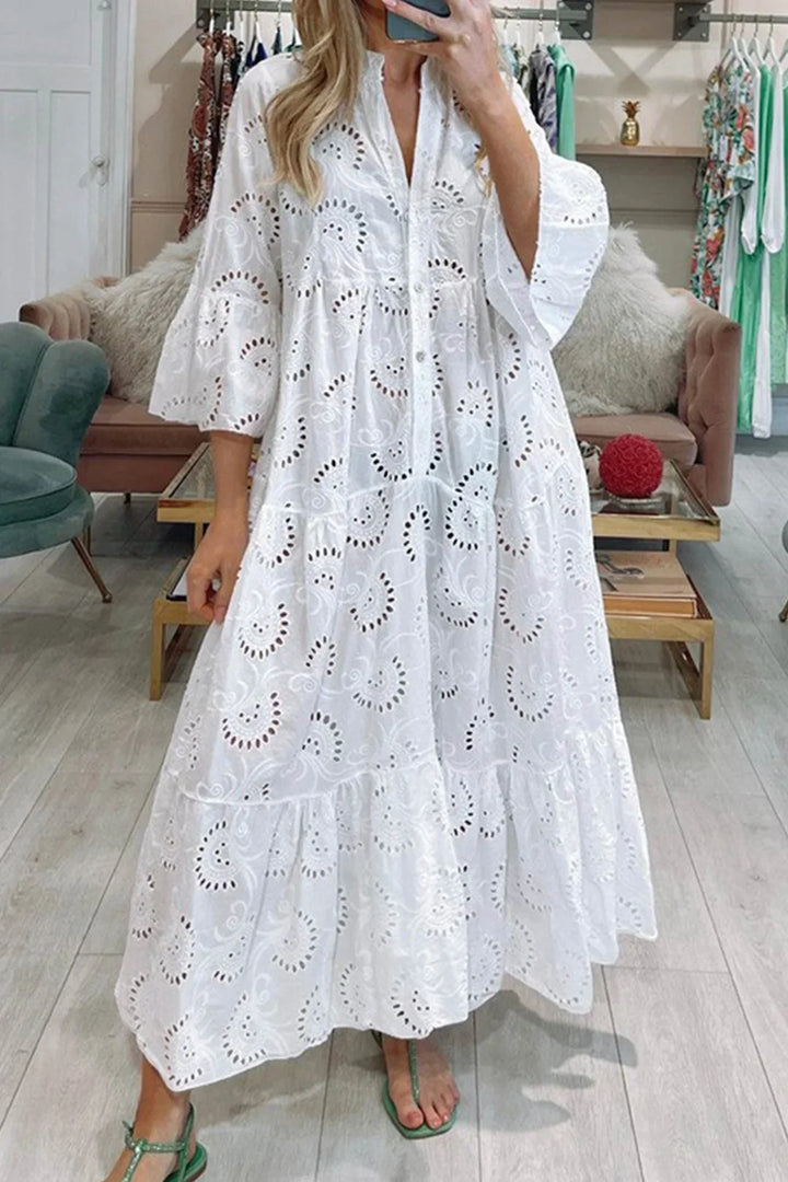 Isabelle | Robe Longue Broderie Anglaise & Manches 3/4
