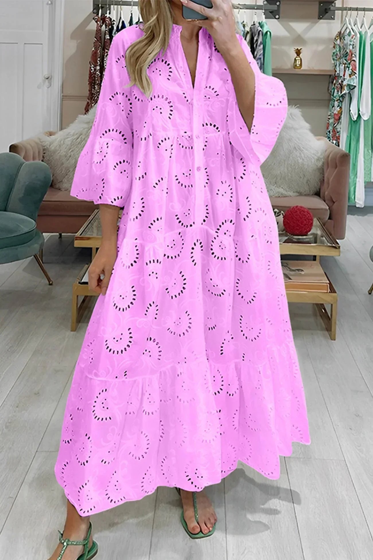 Isabelle | Robe Longue Broderie Anglaise & Manches 3/4