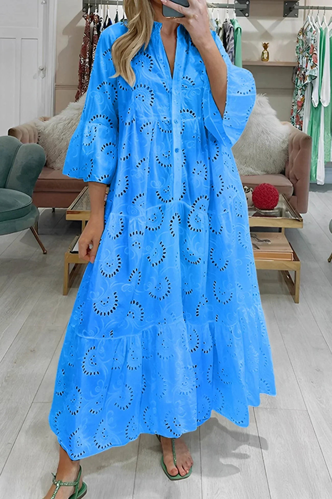 Isabelle | Robe Longue Broderie Anglaise & Manches 3/4